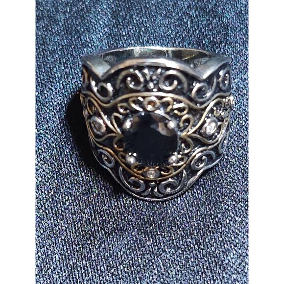 Vintage-Inspired Sterling Silver & Gold-Plated Scrollwork Ring  Sz 6 With Black - Picture 9 of 11